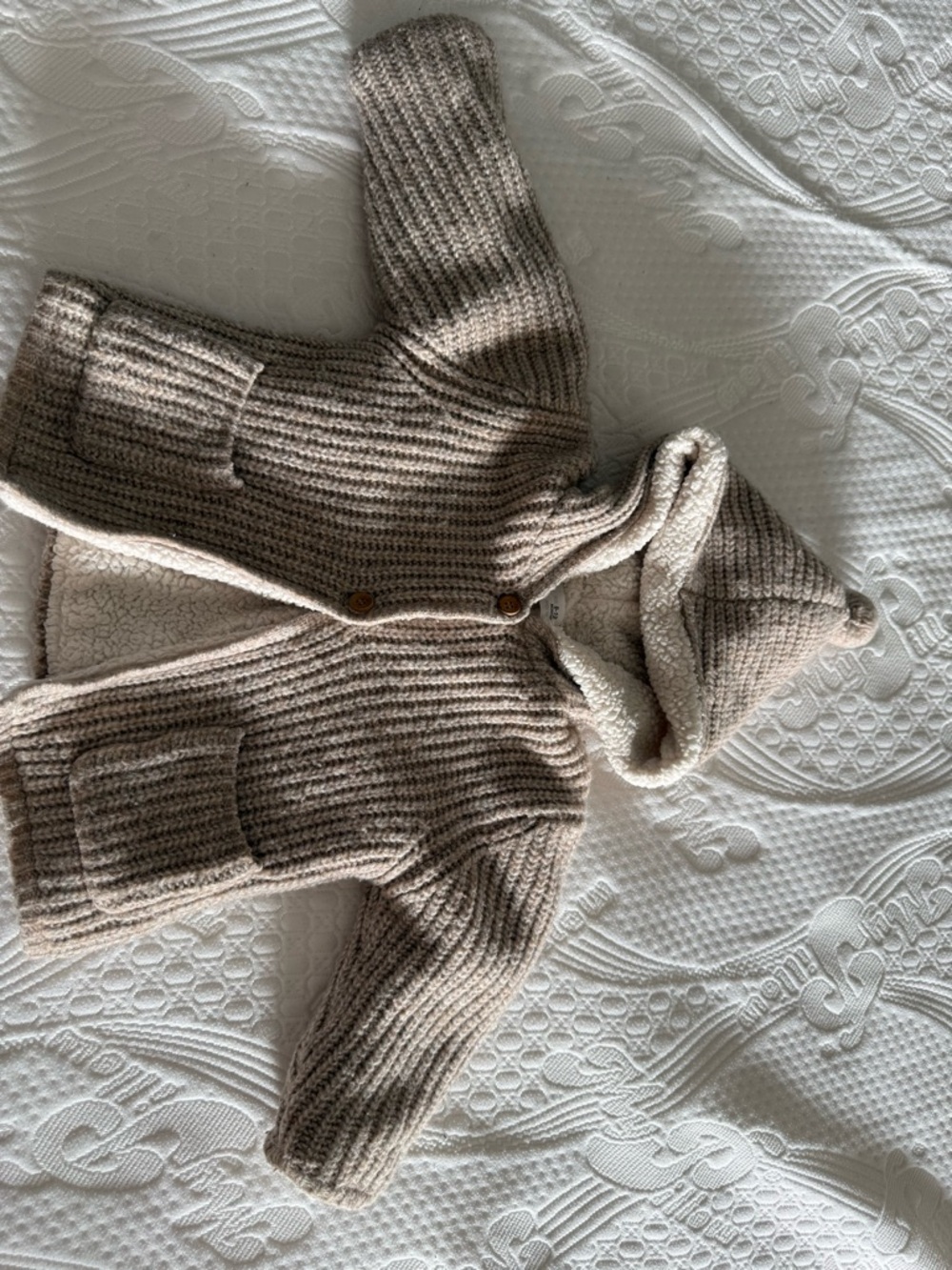 Zara Beige and Cream Hooded Knit Sweater Coat 9-12 months - Picture 2 of 6